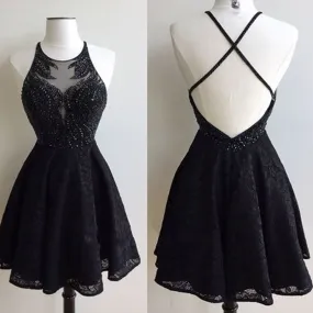 Black Lace Open Back Beaded Sexy Party homecoming prom dresses, CM0013