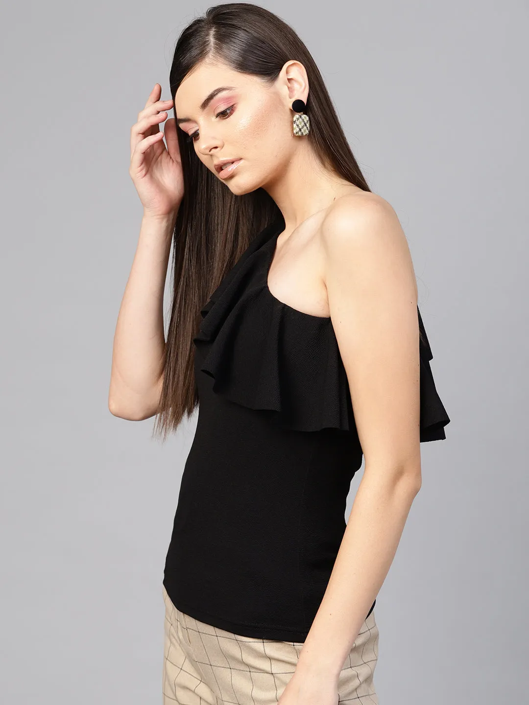 Black One Shoulder Ruffle Top