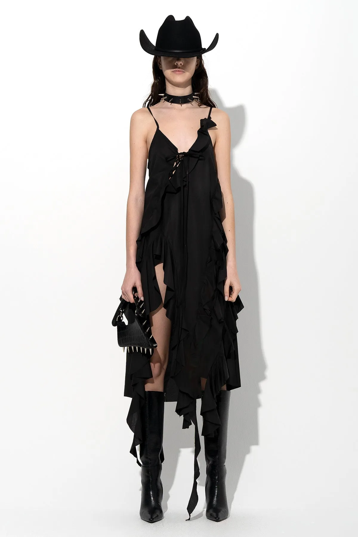 BLACK STRAP DRESS WITH ASYMMETRIC CASCADING FRILLS