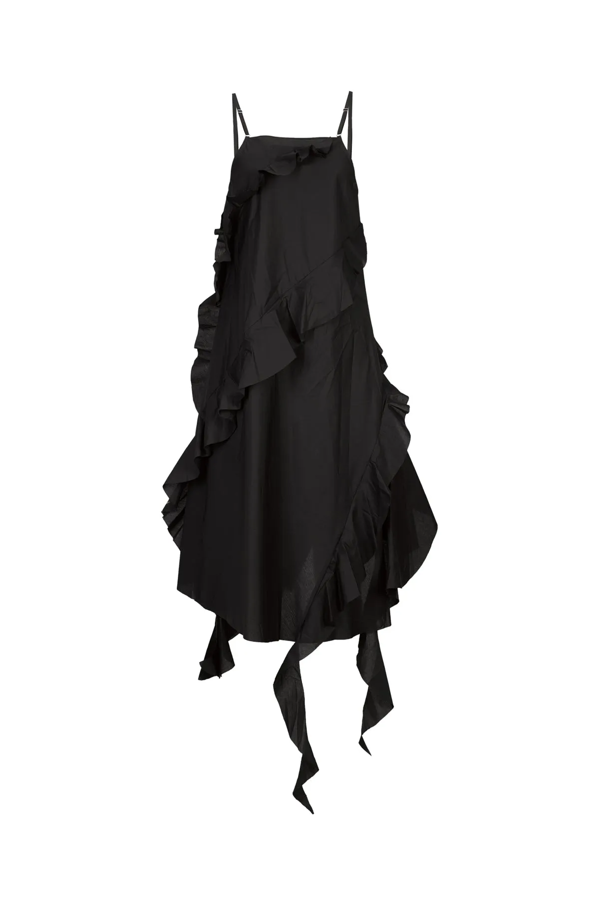 BLACK STRAP DRESS WITH ASYMMETRIC CASCADING FRILLS