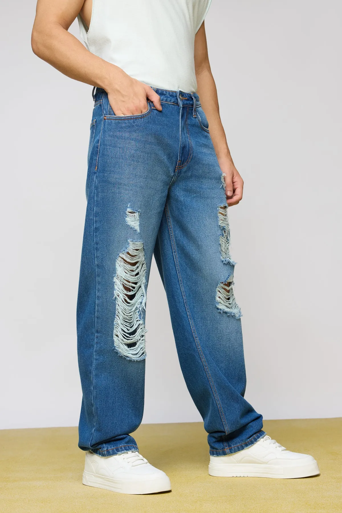 Blue Raw Distressed Men's Slouchy Jeans