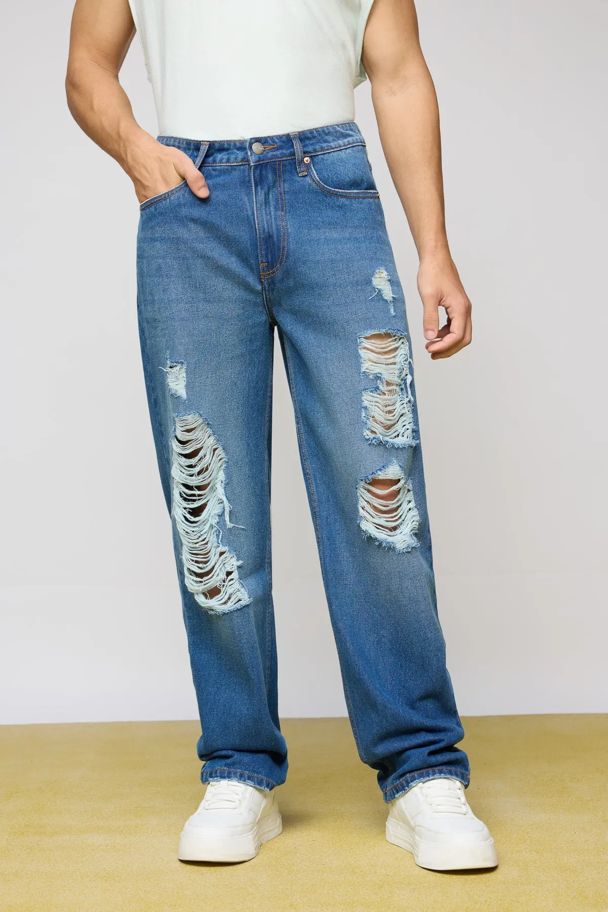 Blue Raw Distressed Men's Slouchy Jeans