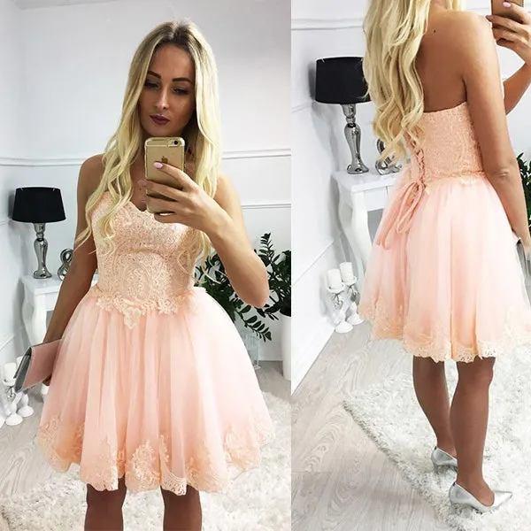 Blush Pink Lace Sweetheart Strapless Lace Up Back Homecoming Dresses,BD0055