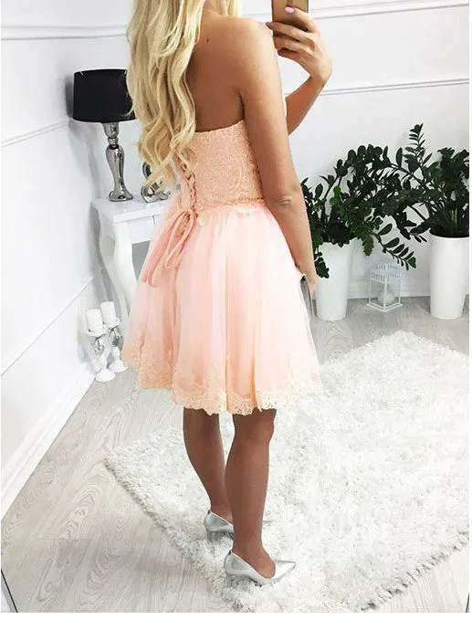 Blush Pink Lace Sweetheart Strapless Lace Up Back Homecoming Dresses,BD0055