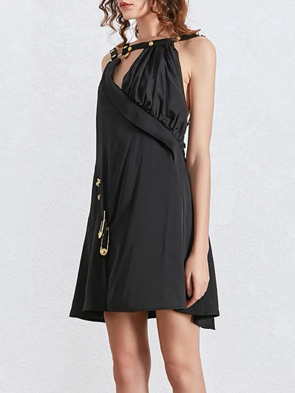 CAPPA Gold Pin Embellished Mini Asymmetrical Dress