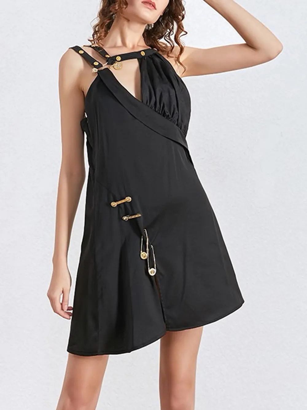 CAPPA Gold Pin Embellished Mini Asymmetrical Dress