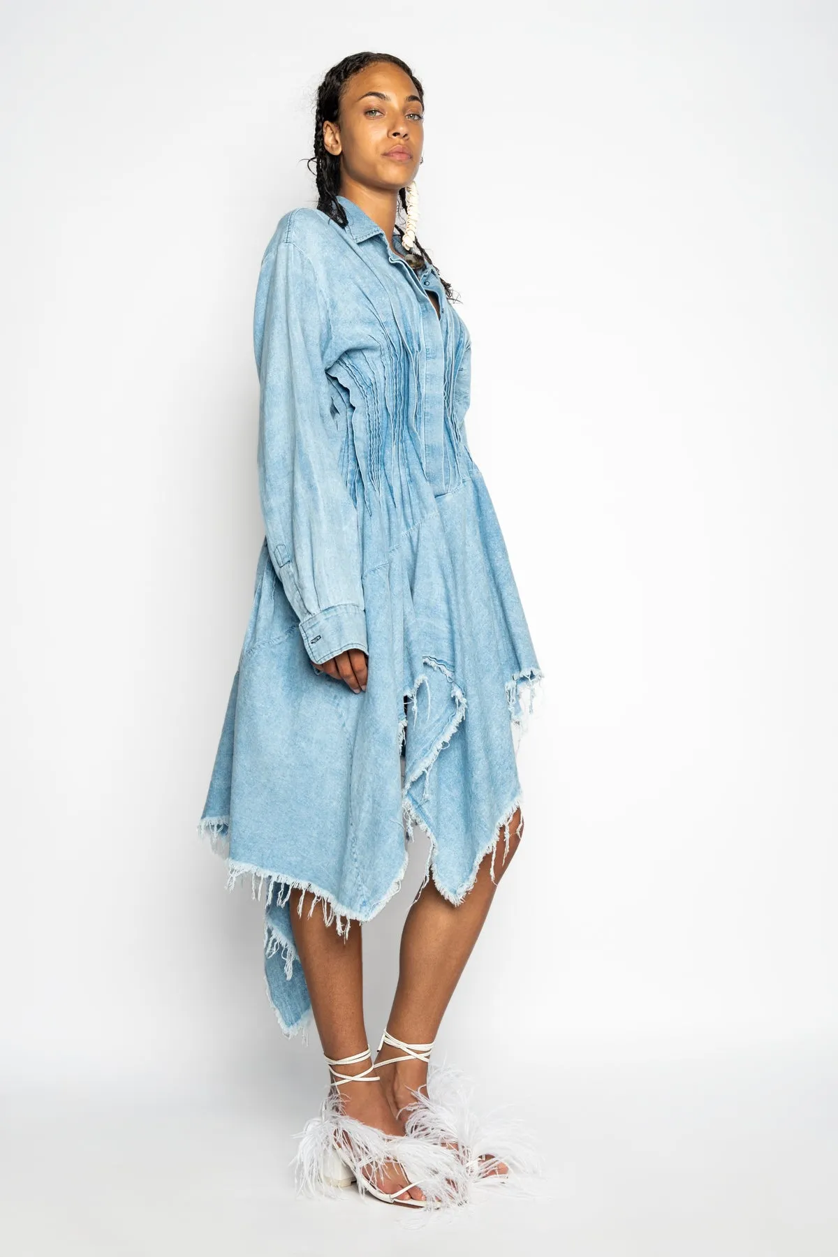 CHAMBRAY PLEATED SHIRT DRESS