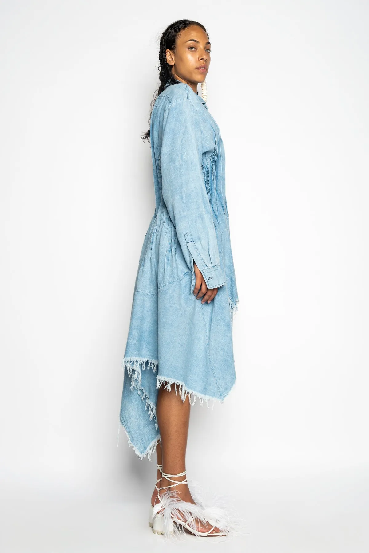 CHAMBRAY PLEATED SHIRT DRESS