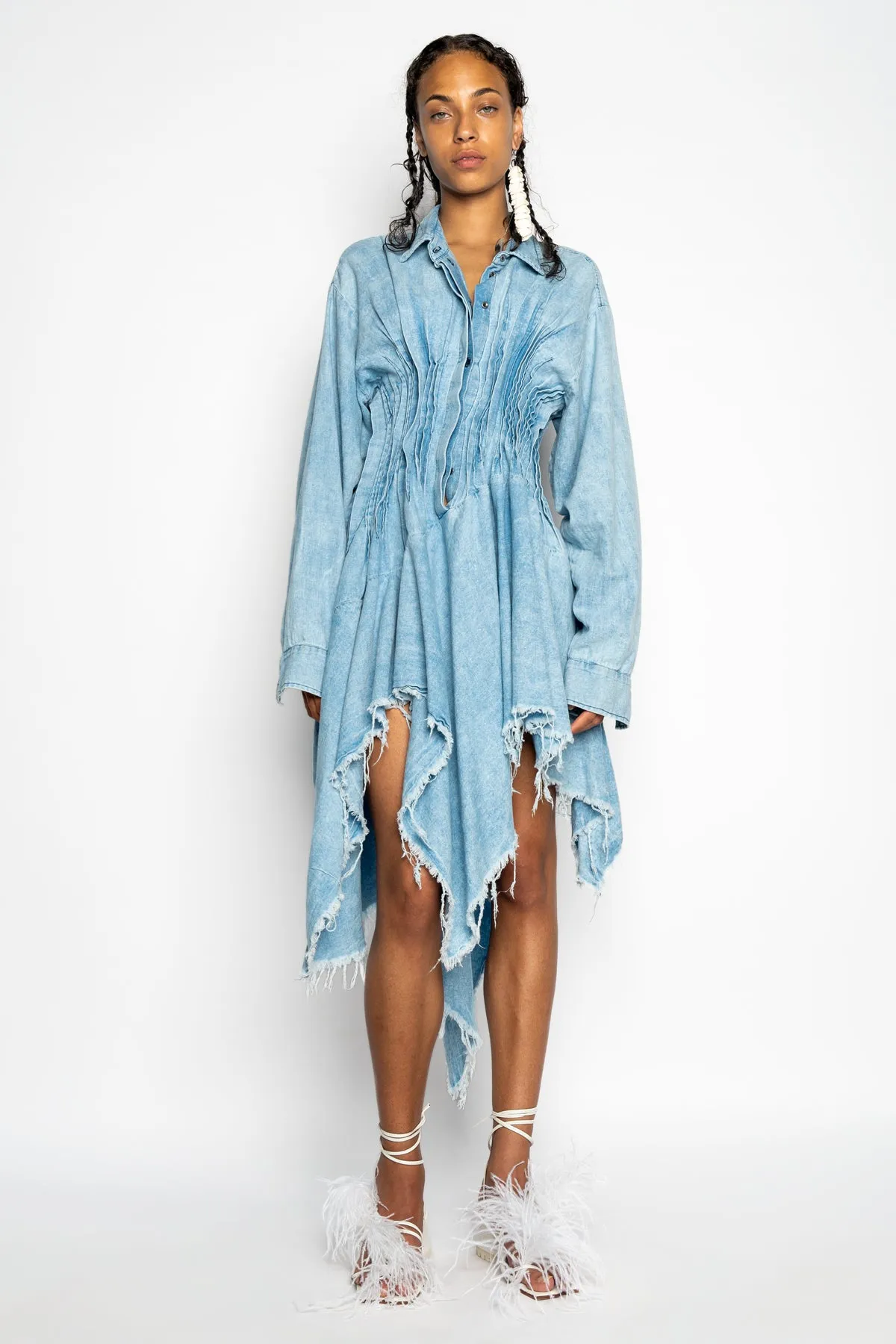 CHAMBRAY PLEATED SHIRT DRESS