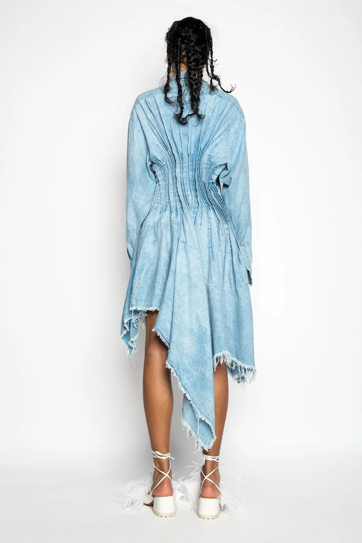 CHAMBRAY PLEATED SHIRT DRESS