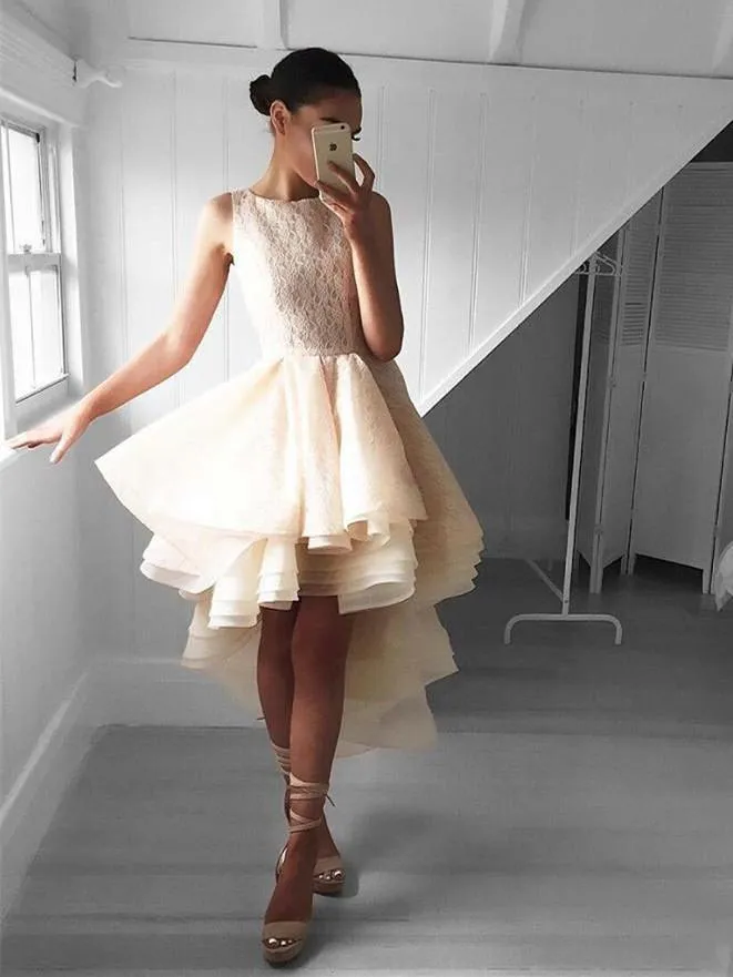 Champagne Lace High Low Lace Cheap Short Homecoming Dresses Online, CM590