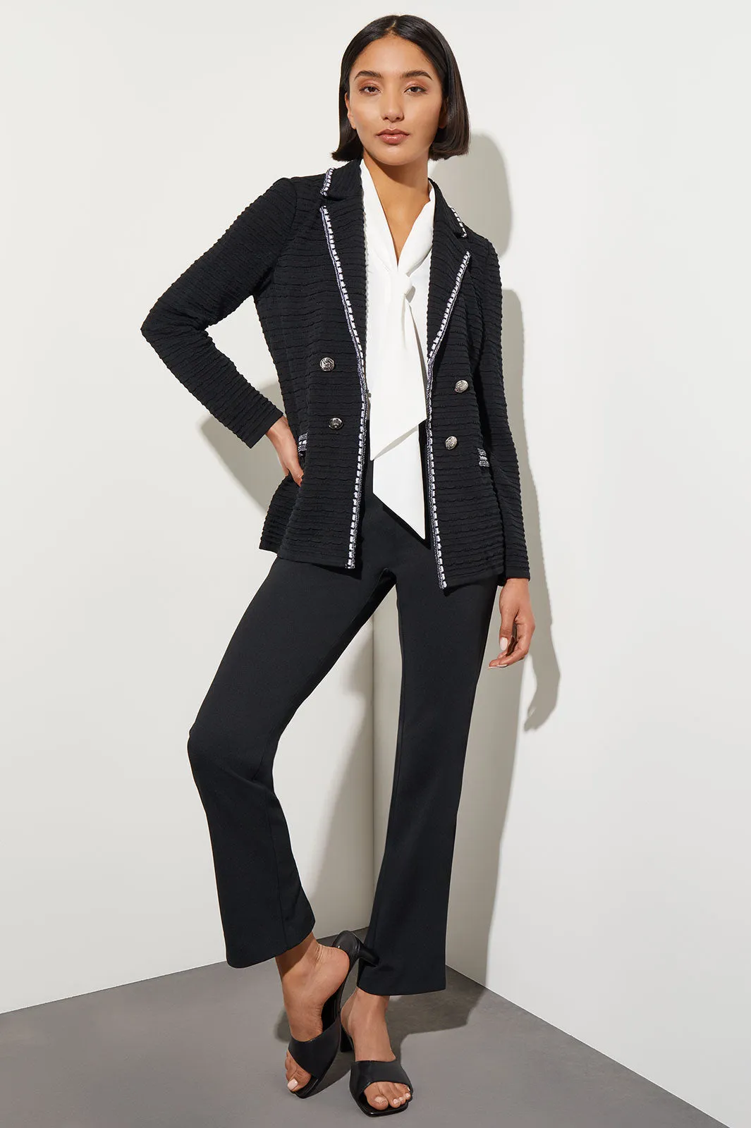 Contrast Trim Textured Knit Jacket, Black/White