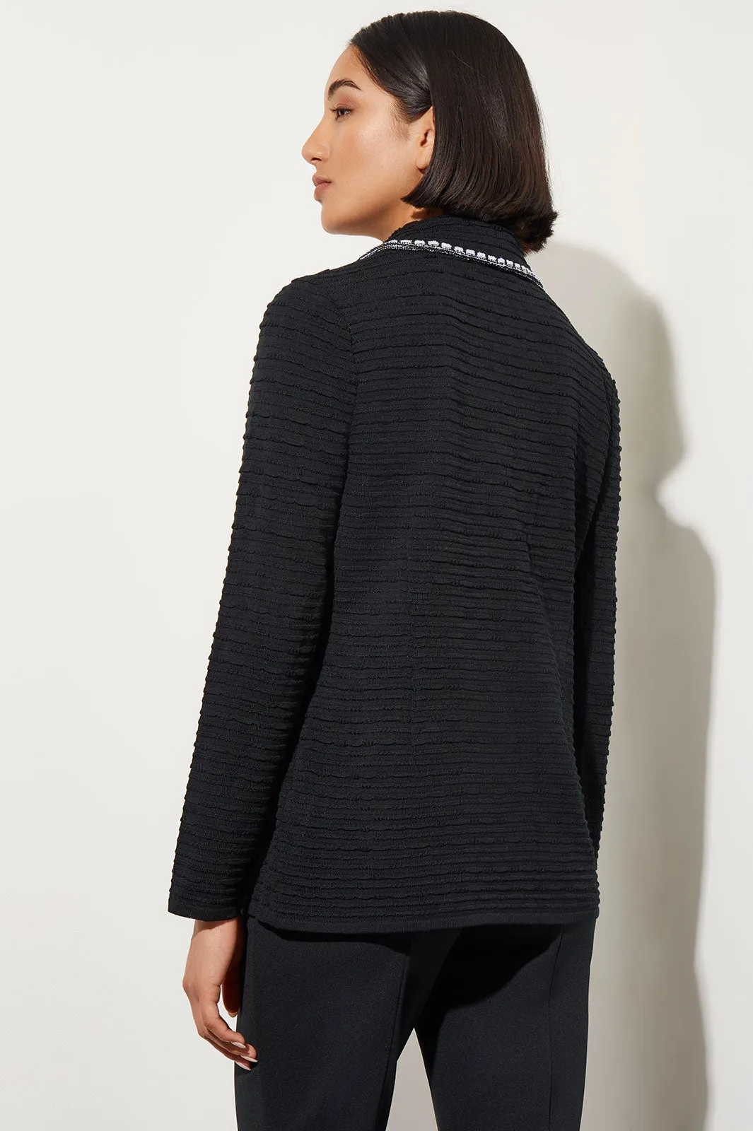 Contrast Trim Textured Knit Jacket, Black/White