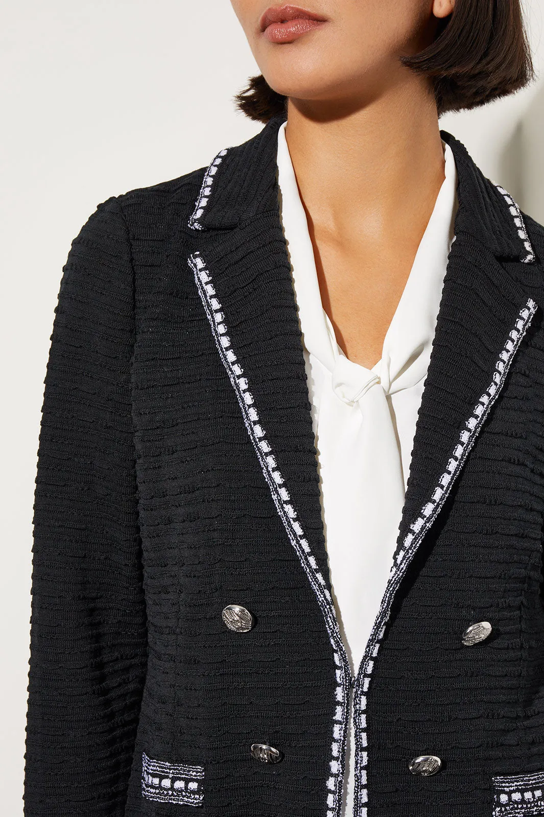 Contrast Trim Textured Knit Jacket, Black/White