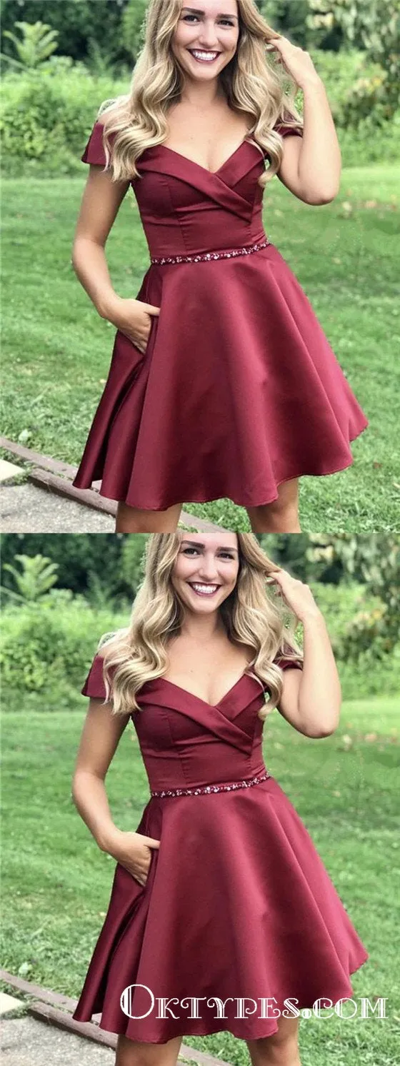 Cute Off Shoulder Burgundy Satin Short Homecoming Dresses with Beading Belt, TYP1965