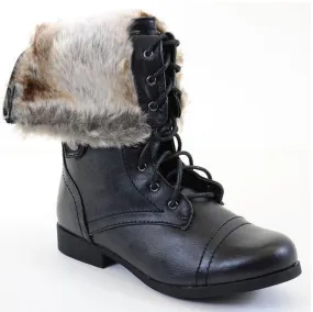 Fur Cuff Military Lace Up Vegan Boot Black