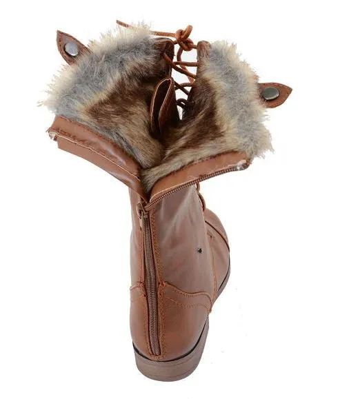 Fur Cuff Military Lace Up Vegan Boot Tan