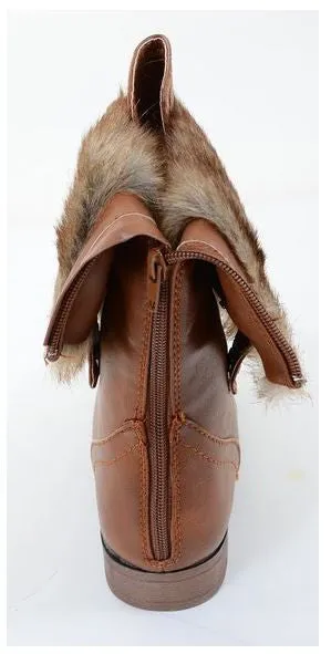 Fur Cuff Military Lace Up Vegan Boot Tan