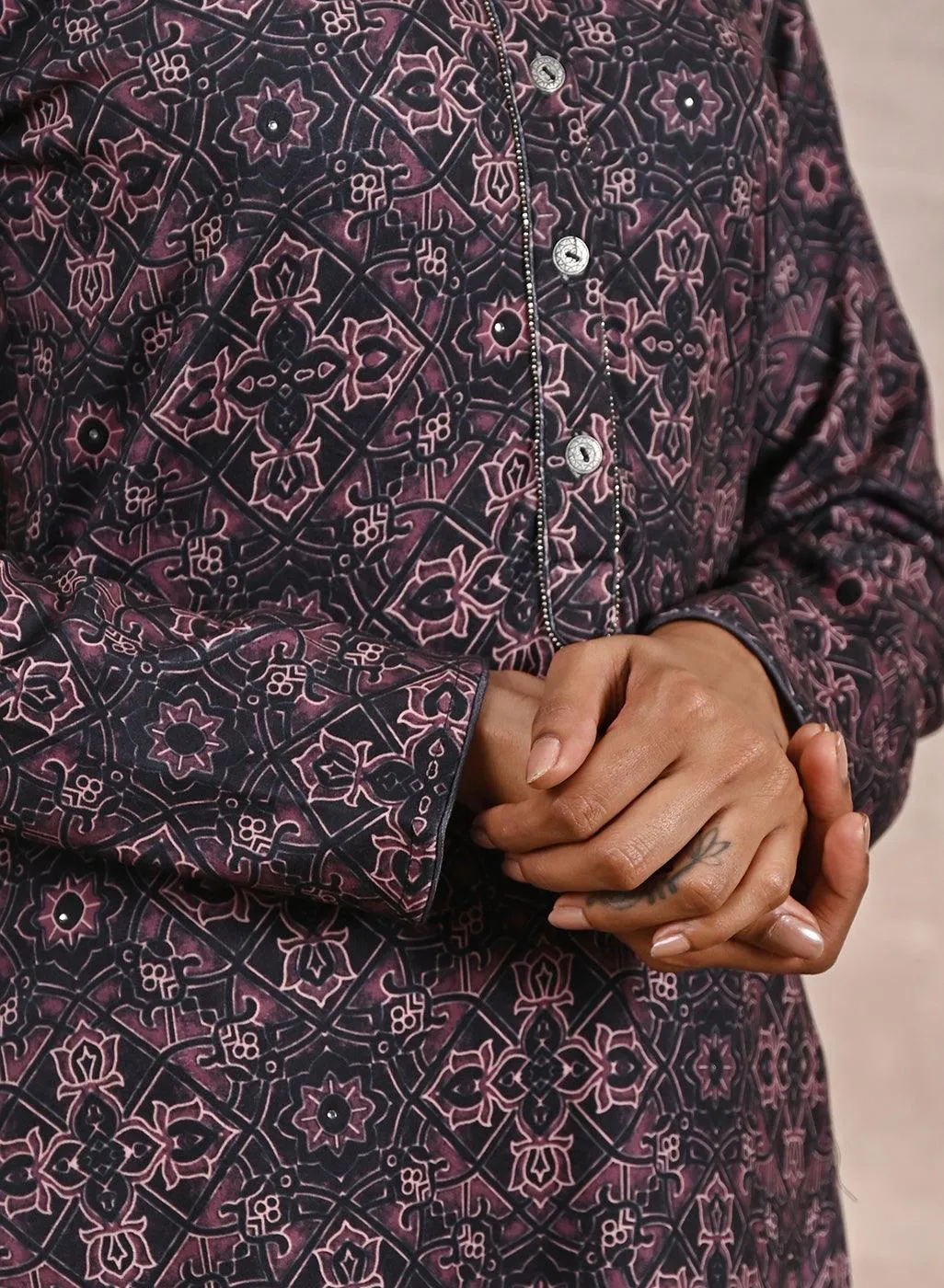 Geometric Print Woolen Kurta with Decorative Placket