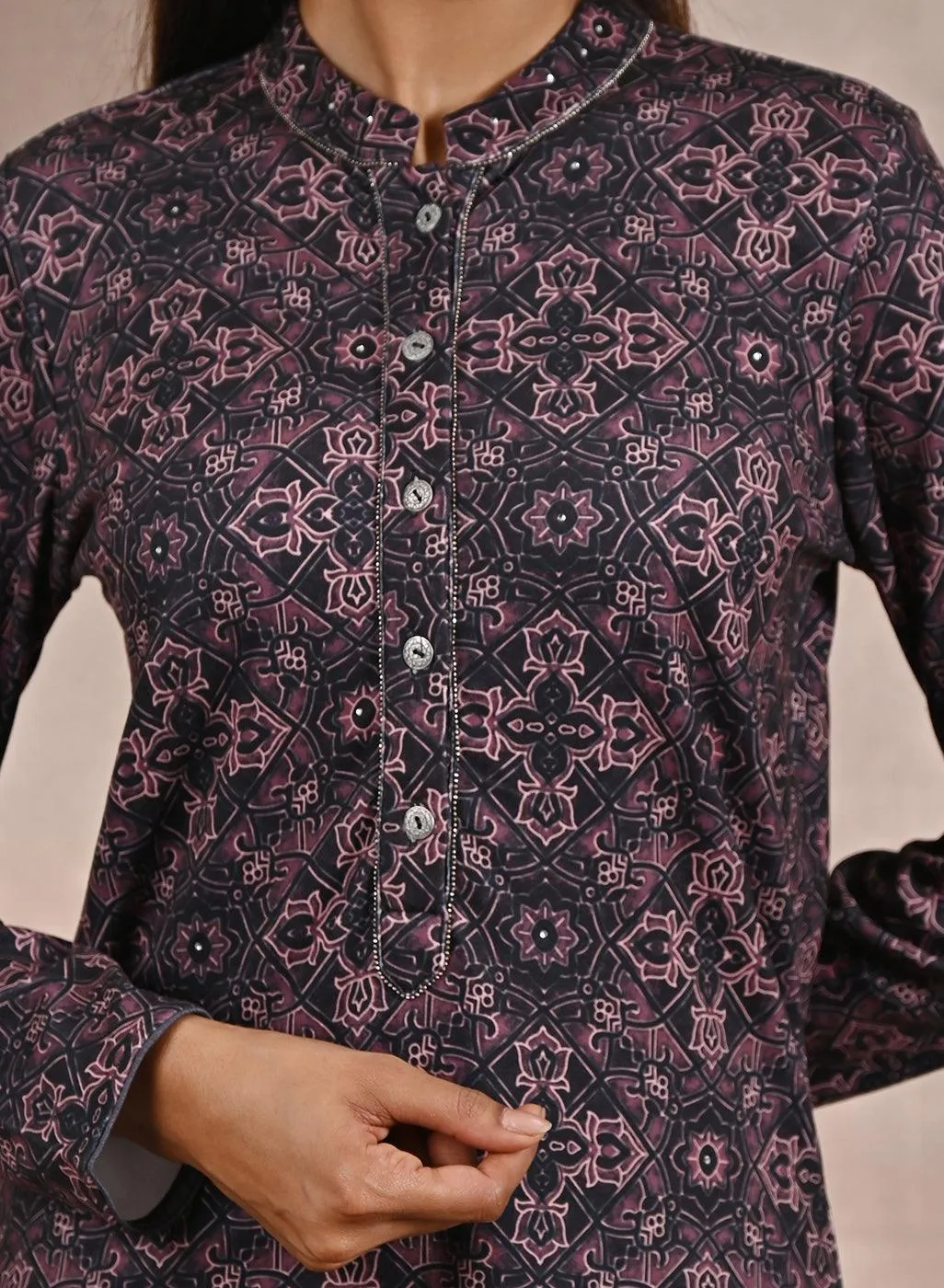 Geometric Print Woolen Kurta with Decorative Placket