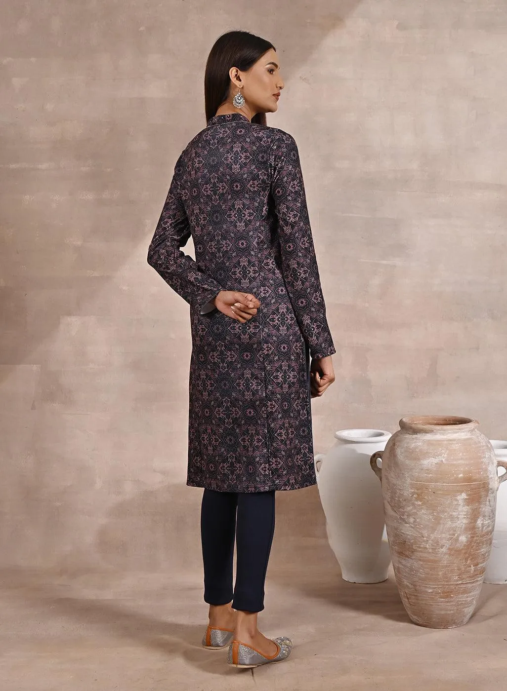 Geometric Print Woolen Kurta with Decorative Placket