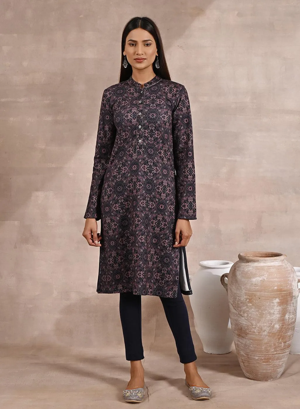 Geometric Print Woolen Kurta with Decorative Placket