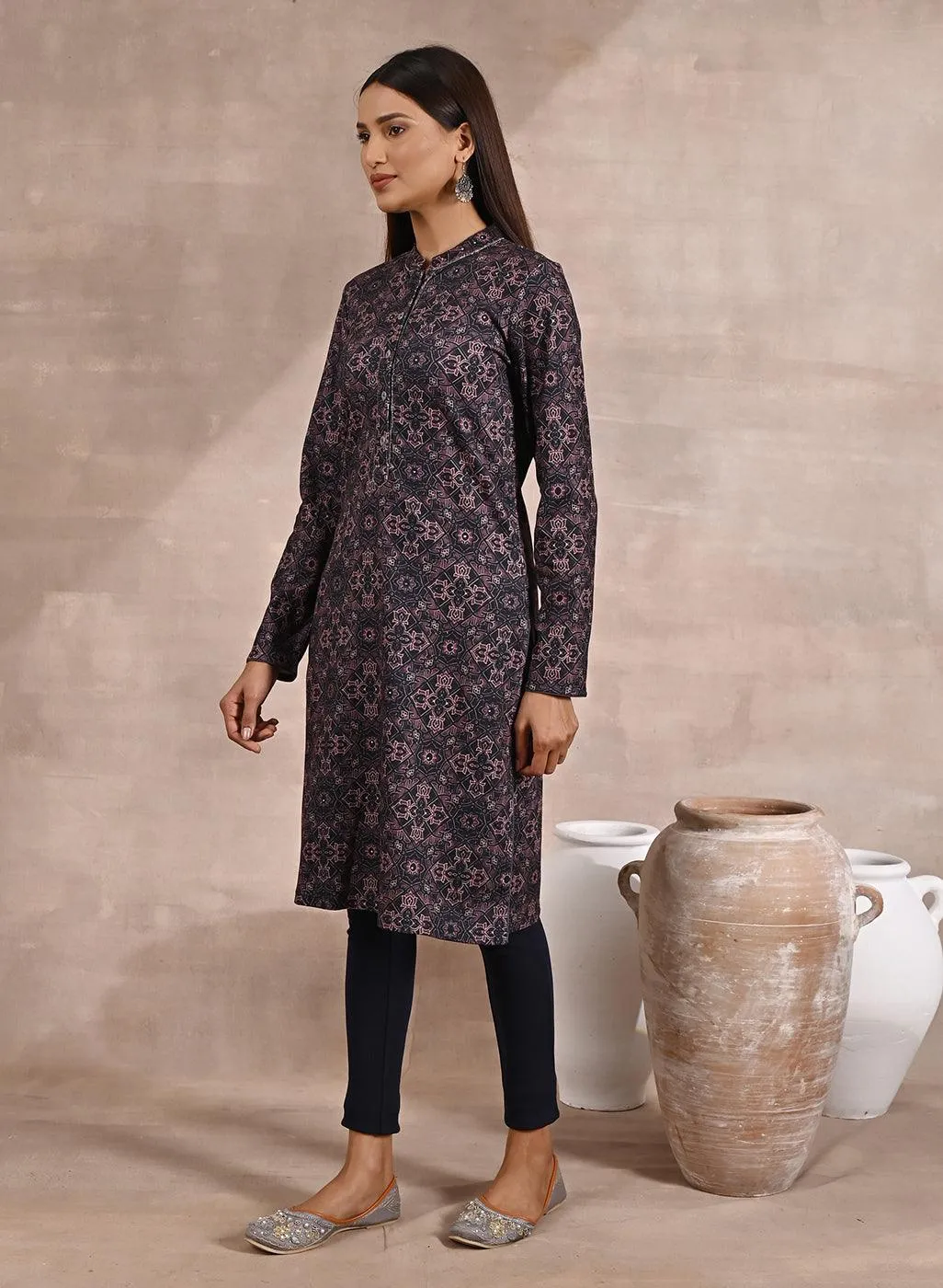 Geometric Print Woolen Kurta with Decorative Placket