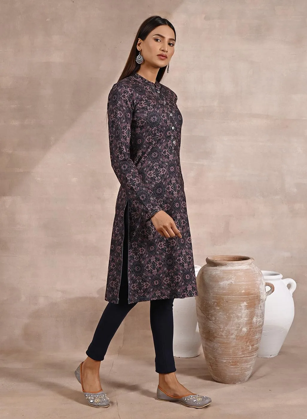 Geometric Print Woolen Kurta with Decorative Placket