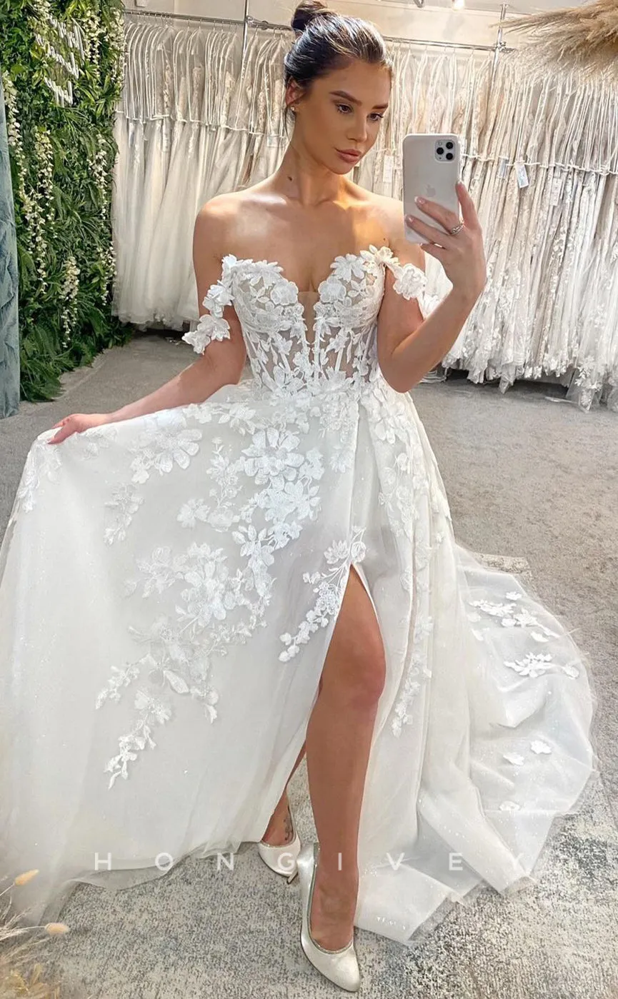 H0840 - Fully Floral Appliqued Plunging Illusion With Slit And Train Romntic Wedding Dress