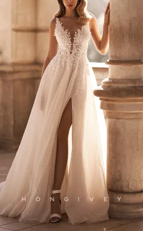 H1077 - Sexy Plunging Illusion Backless Appliques With Side Slit Boho Wedding Dress