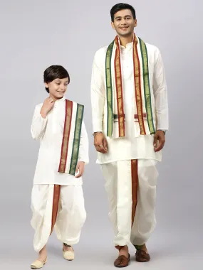 Like Father Like Son Cream Kurta and Mayilkhan Border Cream Panchakacham & Towel Set