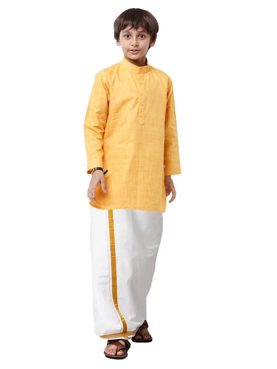 Like Father Like Son Yellow Kurta and Gold Jari White Dhoti Combo FS1