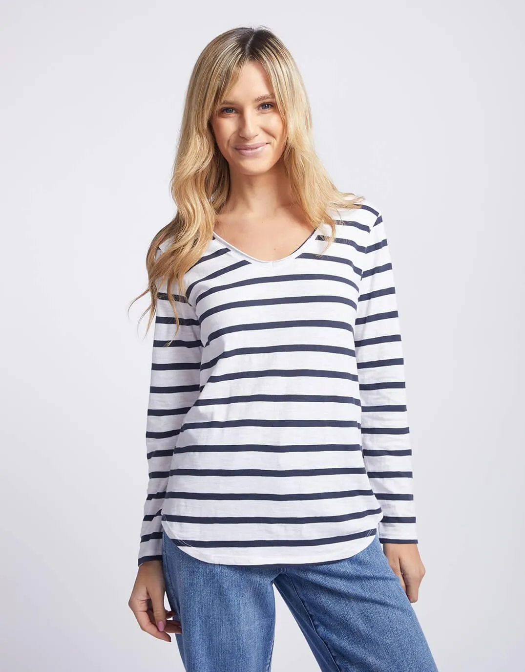 Original V-Neck Long Sleeve T-Shirt - Navy/White Stripe