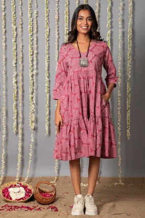 V neck Pink ajrak Print Graduated Dress