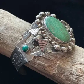 Vintage 30s/40s Sterling Silver Green Turquoise Bracelet, Thunderbird Stamped Fred Harvey Era Cuff